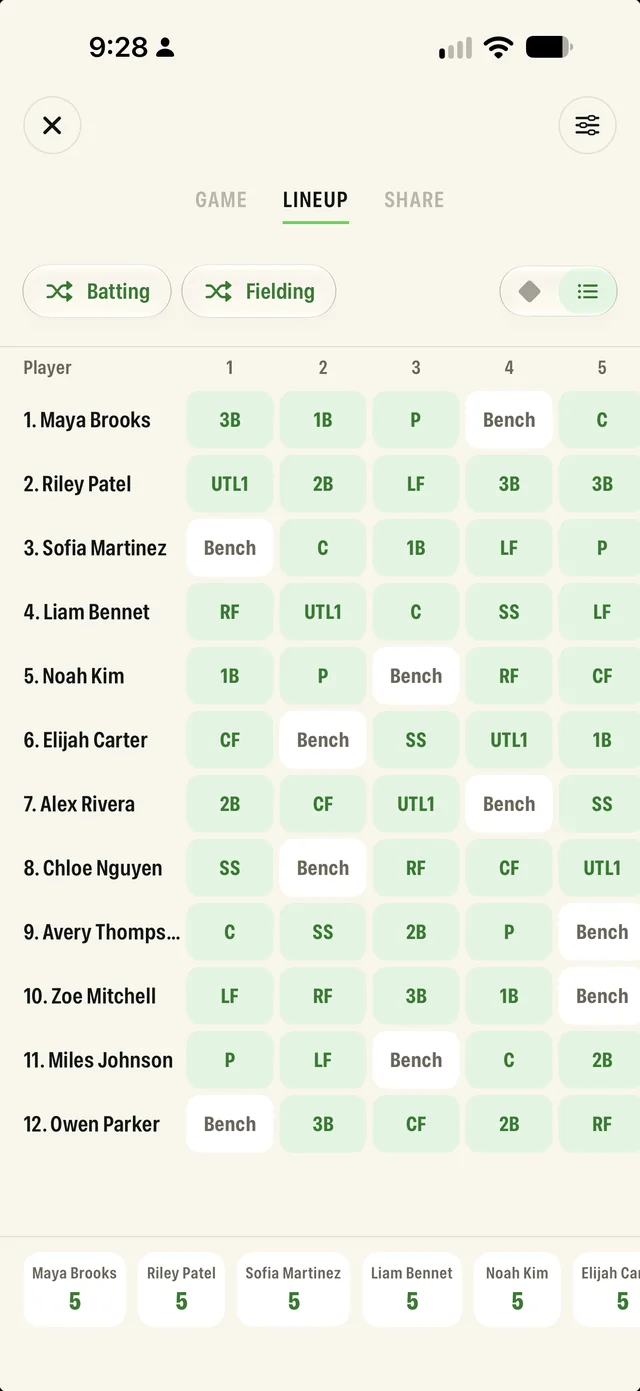 Leadoff lineup builder in the iOS app: Maya Brooks bats first, with fielding positions and bench turns for each inning