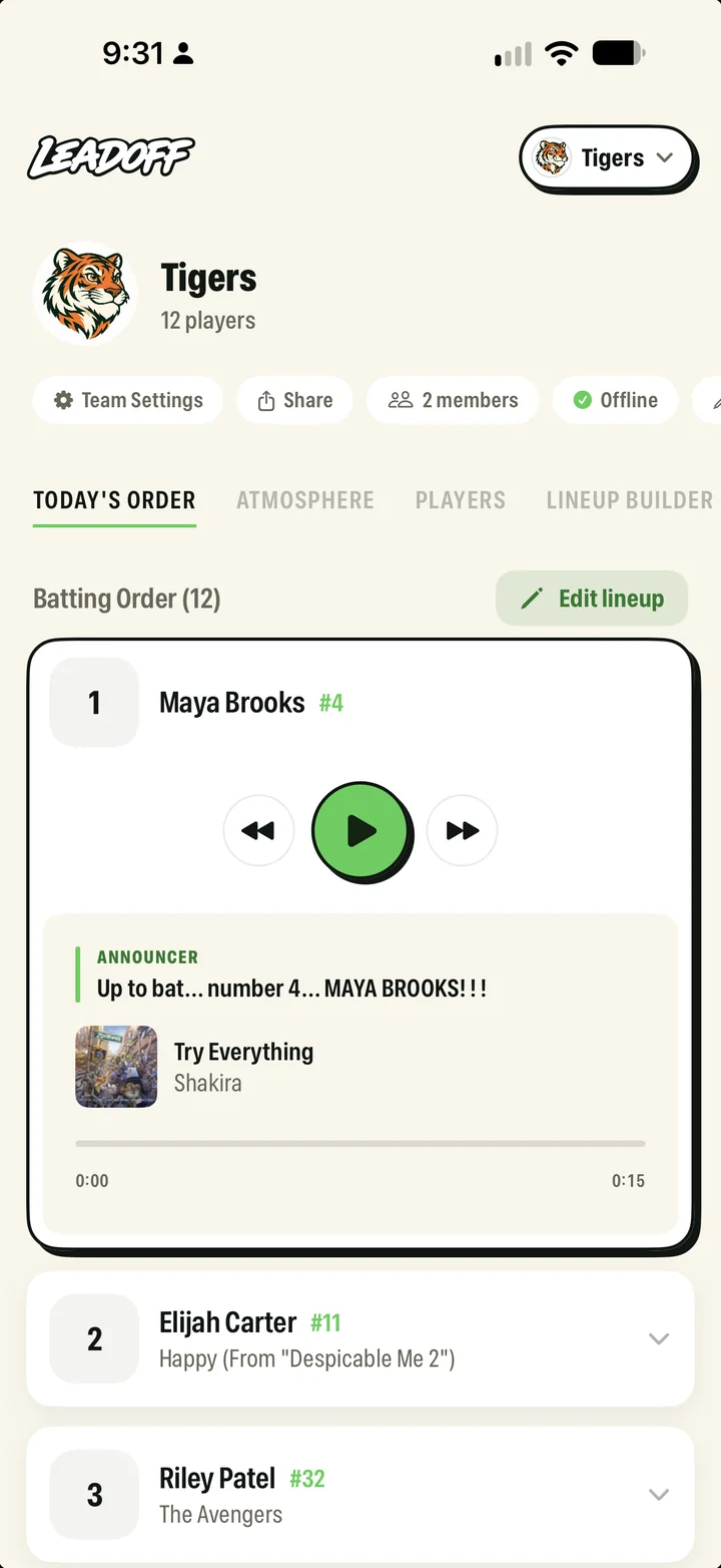 Leadoff Today's Order on a parent's phone: Maya Brooks batting first, play controls, announcer line and walk-up song