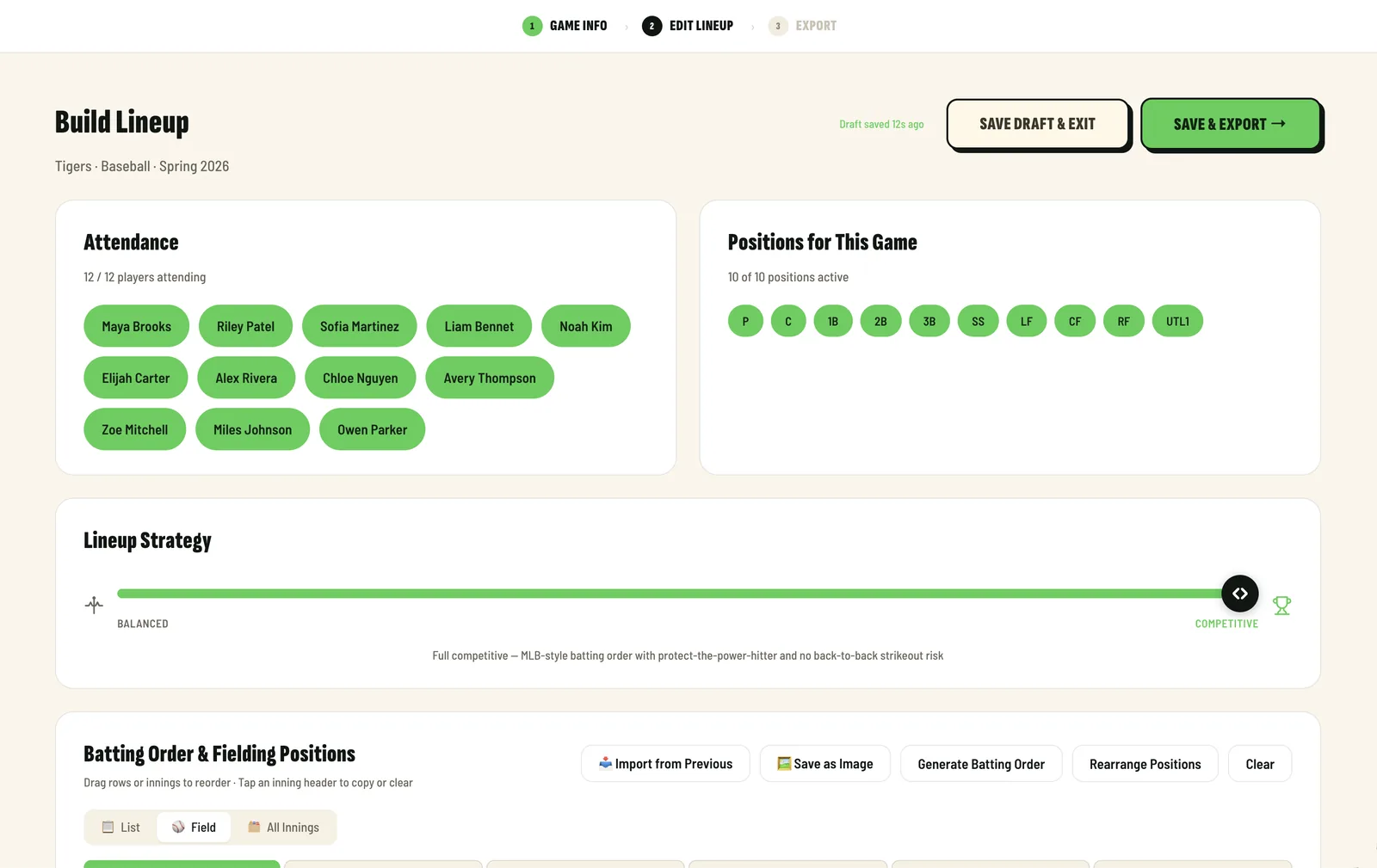 Leadoff web lineup builder: attendance, positions for this game and lineup strategy