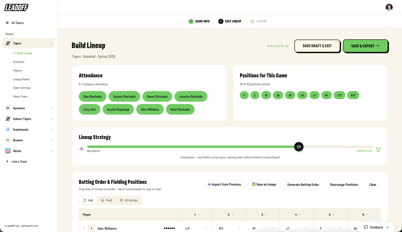 Leadoff web lineup builder with attendance, positions, and batting order